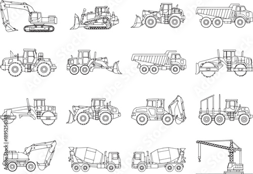 Line drawings of various construction vehicles in graphic resources, ideal for projects involving construction, engineering, or design.