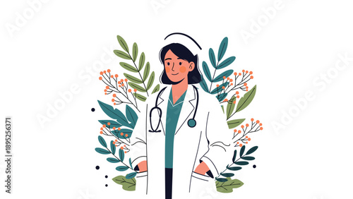 Female doctor in a white coat with a stethoscope standing in front of lush green plants and botanical foliage.