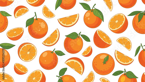 Vibrant seamless pattern with fresh whole oranges, half slices, and green leaves on a clean white background for print.