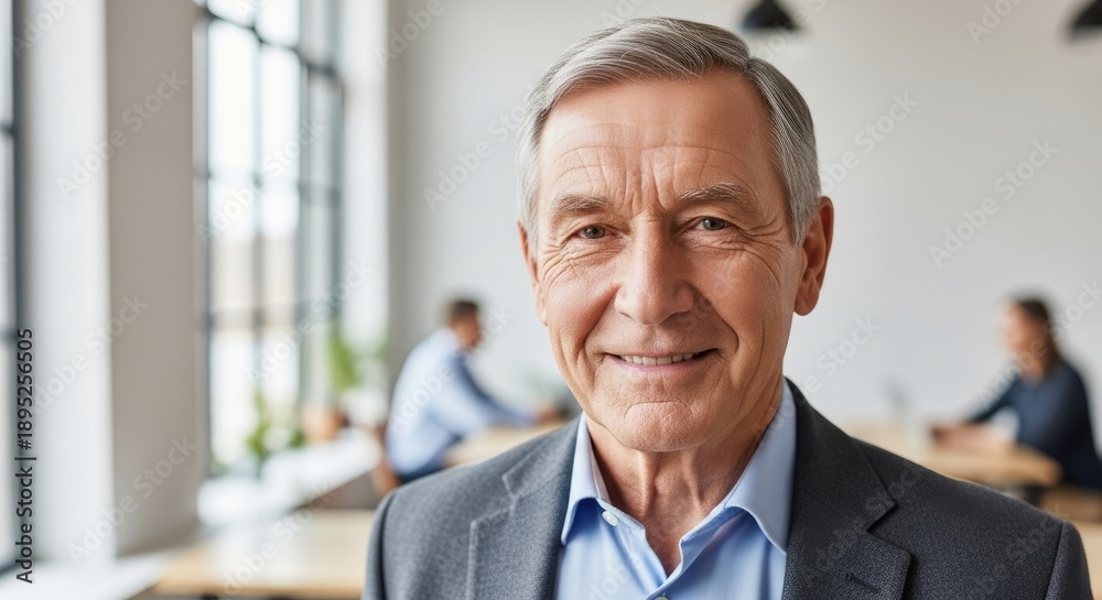 Naklejka premium A smiling elderly man in a suit, with a blurred background of a conference room.
