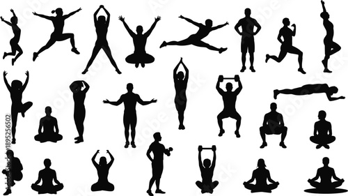 Set of fitness and yoga silhouettes showing people jumping, running, exercising, meditating, and lifting weights, black human body poses isolated on white background