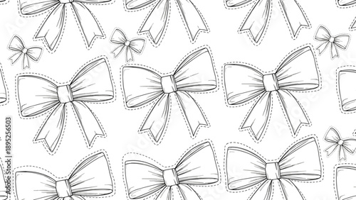 Elegant black and white seamless pattern of hand drawn ribbon bows with dashed outlines on plain white background.