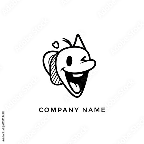 Playful cartoon character logo with a winking face and open mouth, perfect for a fun brand identity.