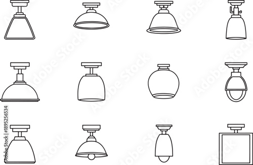 A diverse set of modern light fixtures, presented as clear line art, showcasing a variety of contemporary illumination designs. 