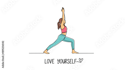 Young woman practicing yoga in warrior pose accompanied by the inspiring text love yourself in a simple line art drawing style.