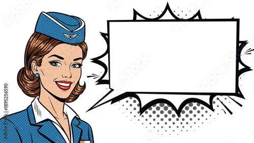 Portrait of a smiling flight attendant in a blue uniform with a large blank comic speech bubble in a vintage pop art style.