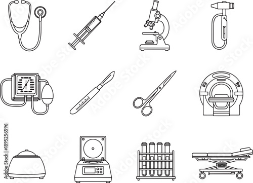 A comprehensive collection of essential medical tools, elegantly illustrated, ready for clinical use, symbolizing healthcare, innovation, and expertise.