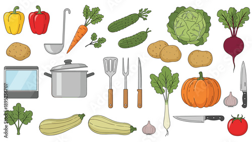 Comprehensive collection of various kitchen utensils and fresh vegetables for cooking and meal preparation tasks.