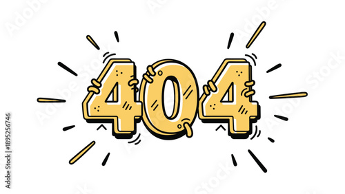 Creative 404 error page not found message designed in a fun cartoon style with yellow numbers and hand symbols.