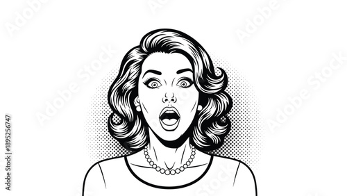 Black and white pop art portrait of a woman with a shocked expression and her mouth wide open on a dot background.
