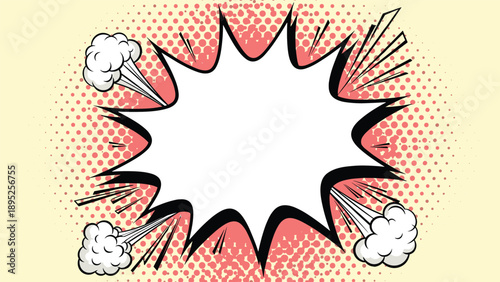 Large white comic book speech bubble with jagged edges and smoke puffs on a vibrant pink halftone dot background.
