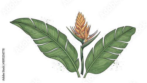 Exotic composition of a bird of paradise flower nestled between two large green tropical leaves on a white background.