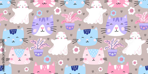 Seamless cute cat pattern with kawaii kitten faces, hearts, and flower. Designed for nursery fabrics, baby wallpaper, and sweet gift wrapping
