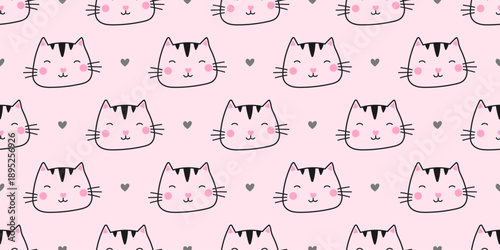 Adorable cat seamless pattern with pink kitty heads and heart accents. Ideal for kids textiles, Valentine packaging, and cheerful surface design