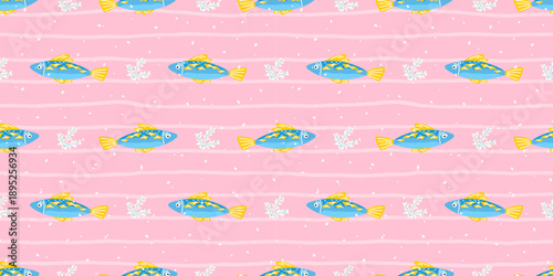 Seamless pattern with tropical fish and coral on pink background. Playful underwater design for kids textiles, wrapping paper, and summer beach themes