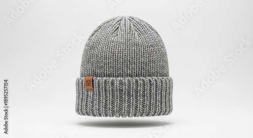 A gray knit beanie with a small brown leather label on a white background