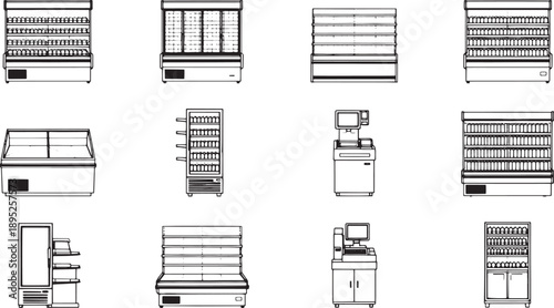 A collection of essential retail display units and cooling appliances, offering a comprehensive overview of commercial refrigeration and retail storage solutions.