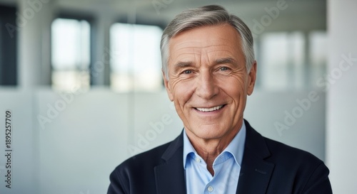 A smiling older man in a suit, standing in an office with a neutral background.