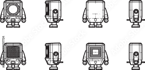 Innovative blueprint of robot showcasing different angles, emphasizing its design, engineering and technical aspects. This unique artwork presents a contemporary and futuristic aesthetic.