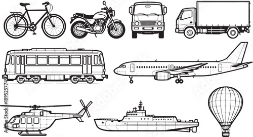 An array of transportation options are presented in an eye-catching line art, offering a diverse array of vehicle silhouettes to capture travel, movement, and mobility.