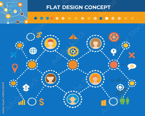 Flat design concept illustrating network connections and diverse icons