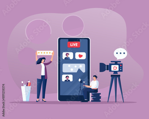 Live streaming concept with miniature people interacting with a smartphone