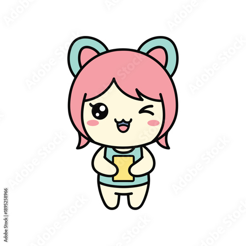 Cute Pink-Haired Girl with Cat Ears Vector Illustration