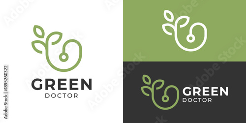 Creative simple green doctor logo template. Stethoscope with tree leaf for Medical clinic logo design vector illustration.