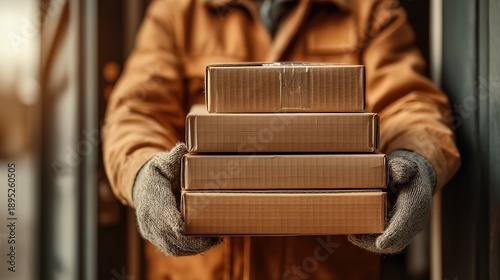 A courier person holding a stack of brown cardboard
