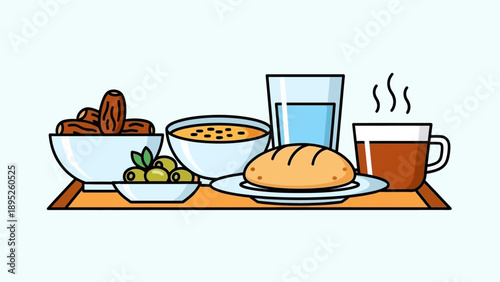 Breakfast Meal with Bread and Beverages.