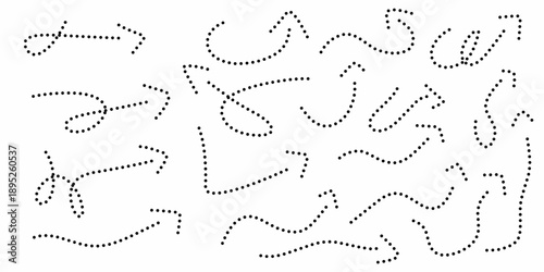 A collection of hand-drawn arrows with dotted lines. Various types of black arrows pointing in all directions.