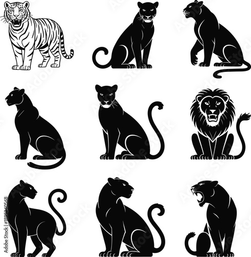 Big cat silhouette icon set featuring lion tiger panther leopard poses, fierce wild feline predators, black white vector illustration collection