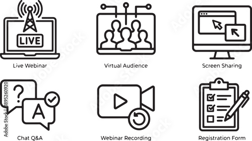 Essential line icons illustrating features for live webinars and virtual online events Vector