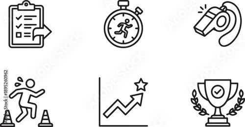 Sports and fitness icons: training, timing, coaching, drills, performance, and achievement Vector