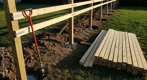 Wooden fence construction with stacked lumber and shovel building