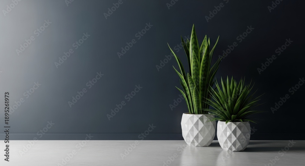 Fototapeta premium Modern potted plants in white geometric pots on gray floor