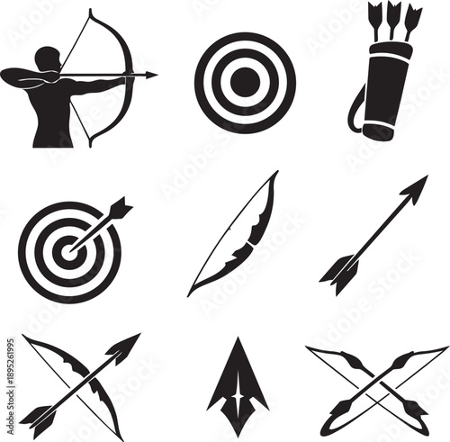 Archery and target symbols silhouette icon set