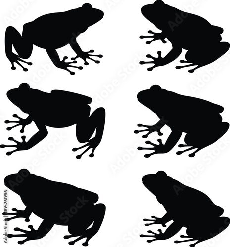Frog silhouette icon set showing different poses, amphibian wildlife symbols, black white vector illustration collection for nature design