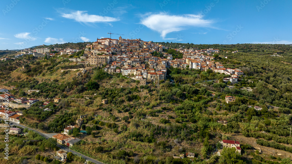 Obraz premium Aerial view of the historic center of Nicotera, in the province of Vibo Valentia, Calabria, Italy. The old town and historic center are located on the hill.