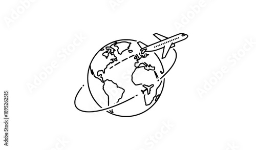 Airplane circling globe icon vector illustrating global air travel tourism and international transportation