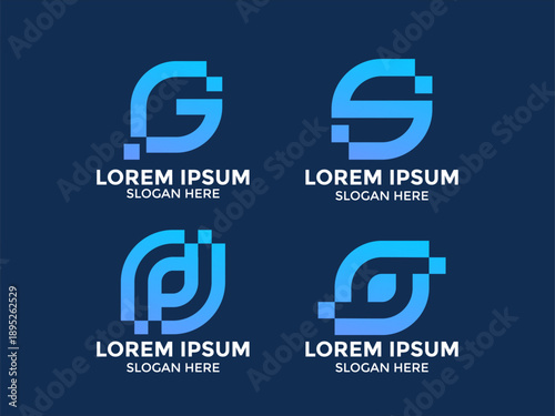 Set of modern abstract letter G and S logo templates with pixel digital tech elements for software and AI branding