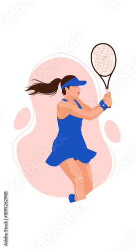Dynamic Vector Illustration of a Female Tennis Player in Blue, Visor, Hitting a Tennis Forehand Stroke