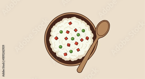 A wooden spoon rests beside a bowl of creamy white porridge with colorful toppings.
