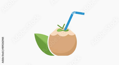 A refreshing coconut drink with straw and leaf on a table outdoors