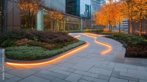 Illuminated Pathway: Modern Urban Landscape with Glowing Orange Lights and Trees