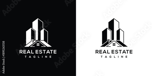 Modern Real Estate Logo Design Template Featuring Stylish Buildings and Tagline on Contrast Backgrounds