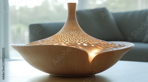 Illuminated Wooden Sculpture: Artistic Design with Perforated Surface and Warm Glow.