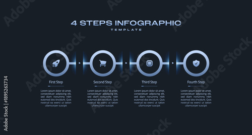 Circular Step Infographic with Dark Tech Diagram and Blue Neon Gradient, 4 Step Process for Business AI, Crypto, and Semiconductor Presentation Featuring Connected Round Frames for Data Visualization