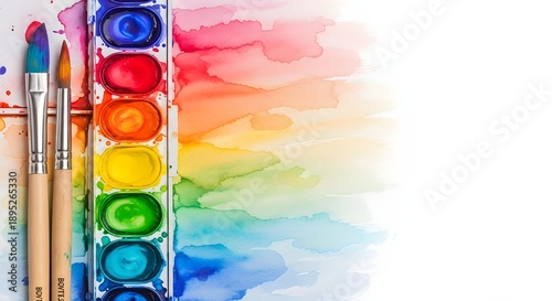 Watercolor painting art supplies background with paintbrushes and colorful palette