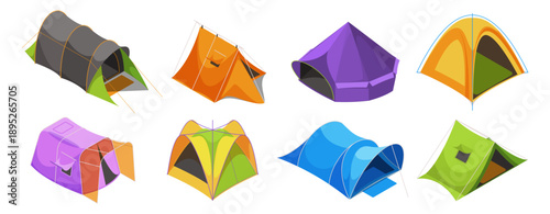 Camping tents set with various shapes and structures. Vector isometric outdoor shelters used for camping and hiking, tourism and travel. Adventure and equipment, survival and recreational lifestyle